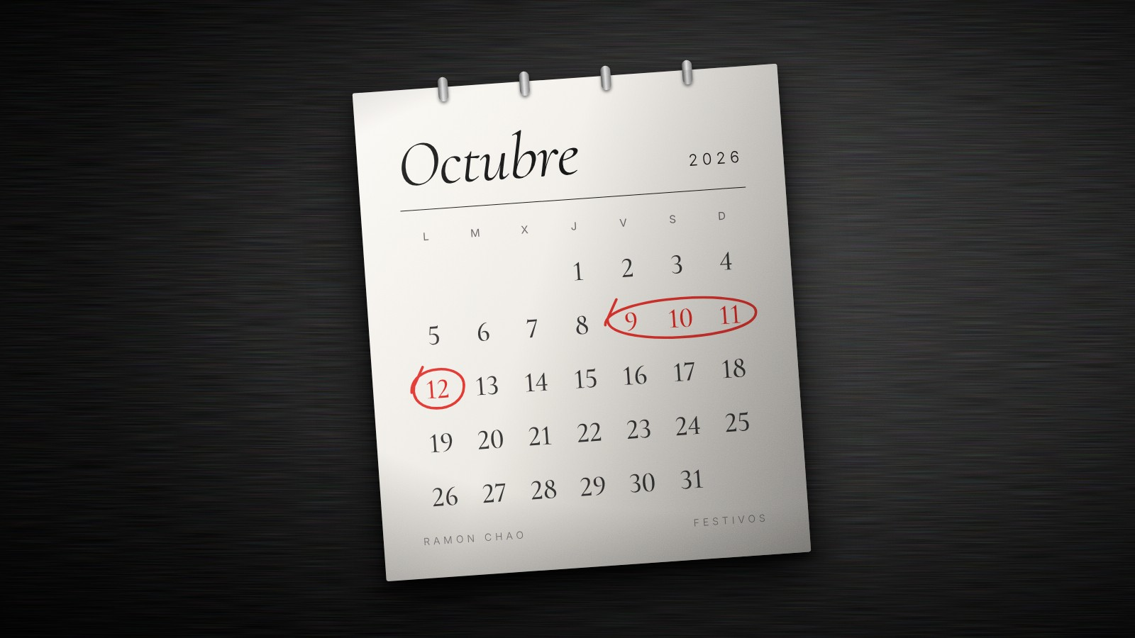 Calendario de octubre de 2026 con los días 9, 10, 11 y 12 rodeados en rojo, indicando el cierre por festivos.