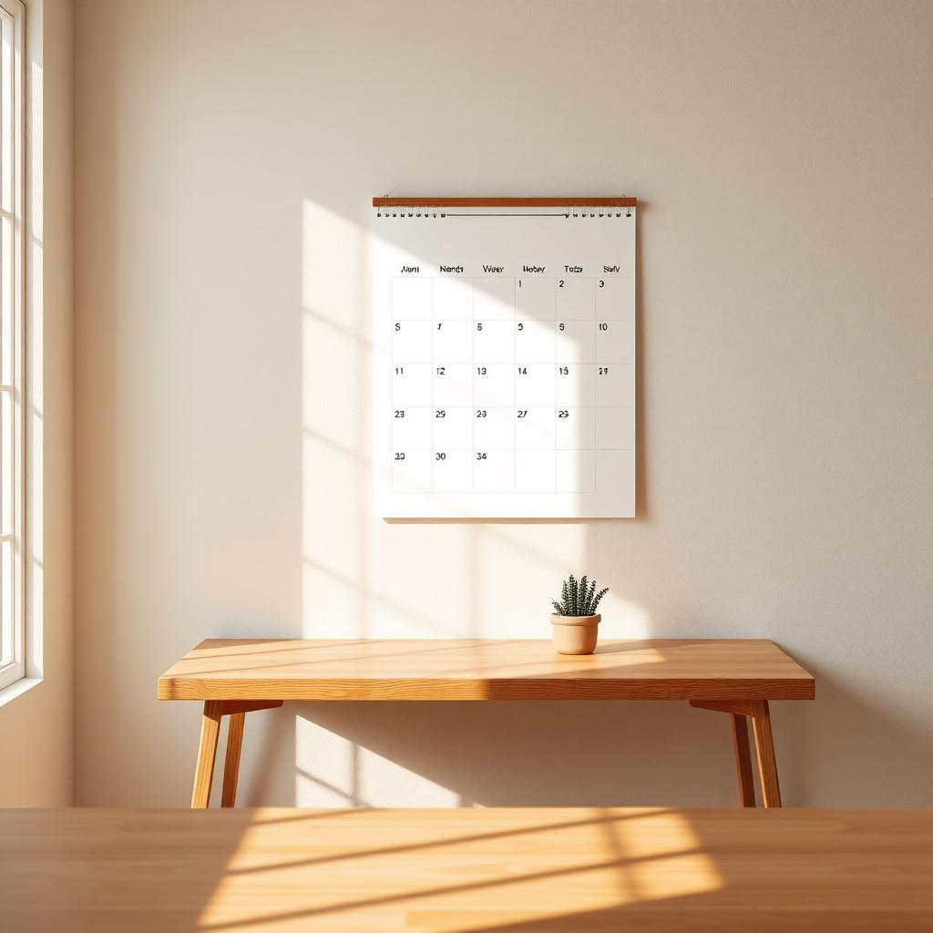 Calendario de pared sobre escritorio de madera con luz cálida de verano, símbolo de la planificación de pedidos antes del cierre estival