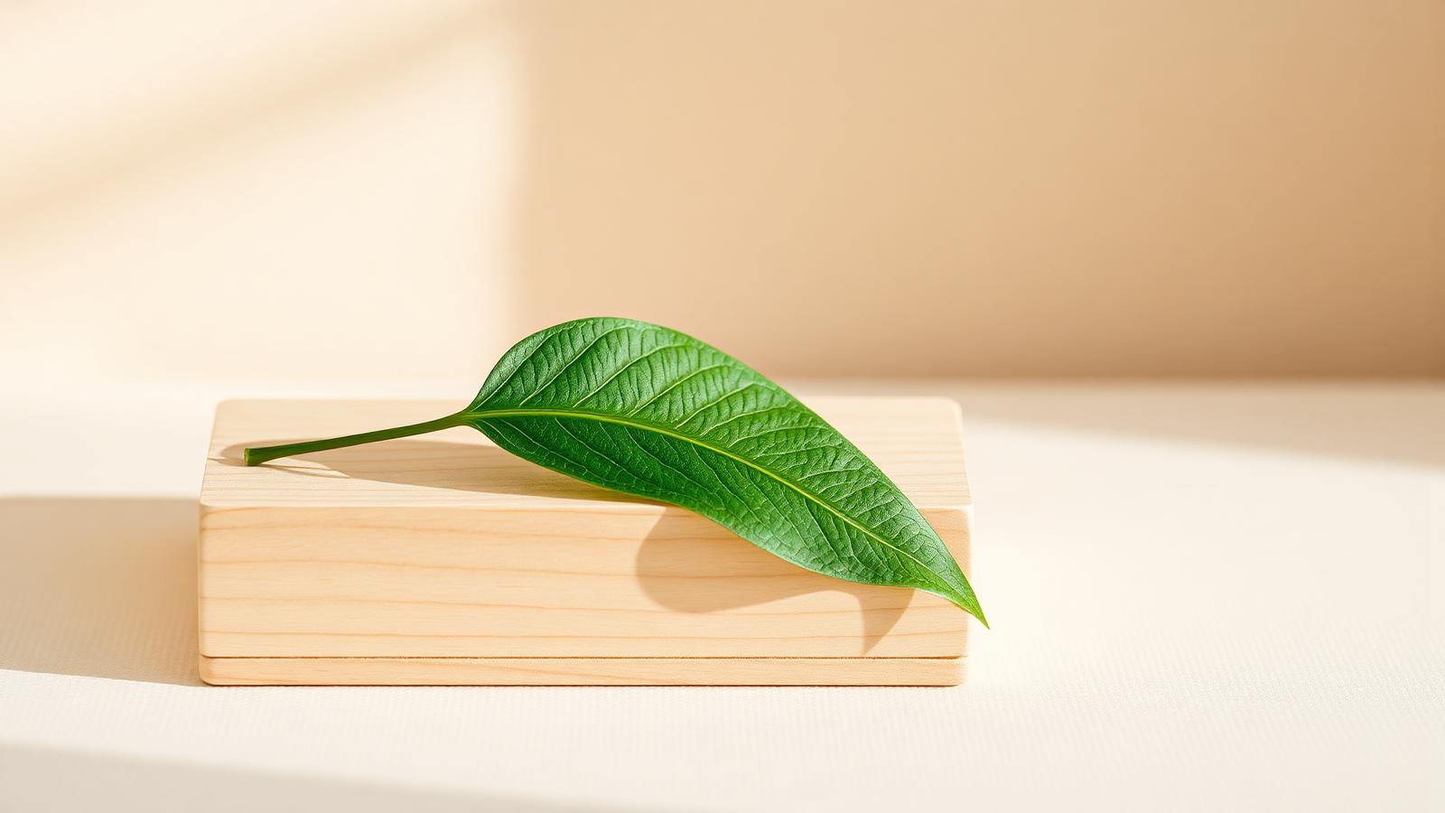 Hoja verde sobre madera clara, símbolo de la línea sostenible de Ramón Chao para el sector funerario