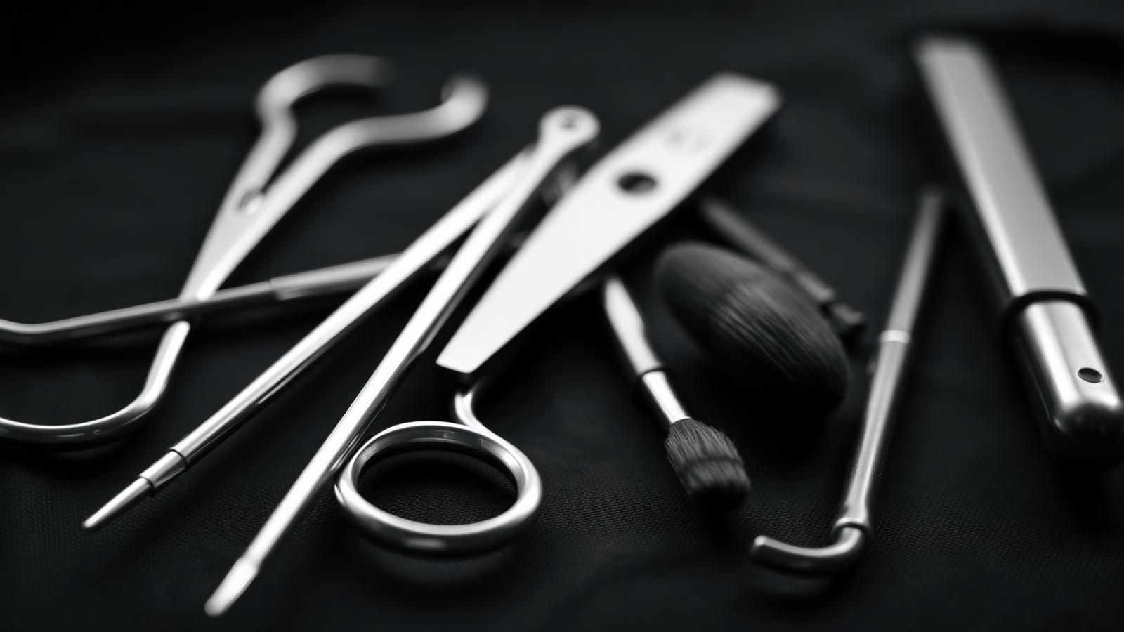Instrumental profesional de tanatopraxia sobre paño oscuro, fotografía editorial sobria en blanco y negro.