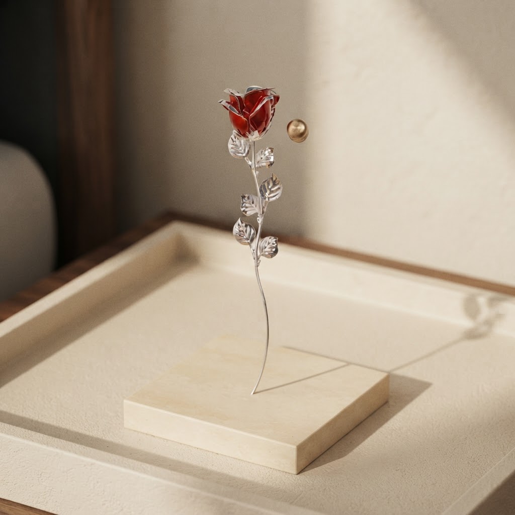 ROSA TALLO PLATA FLOR ROJA C/ RELICARIO DORADO — Artículos generales · Ornamentos y ataúdes · Ref. 1200018 | Ramón Chao