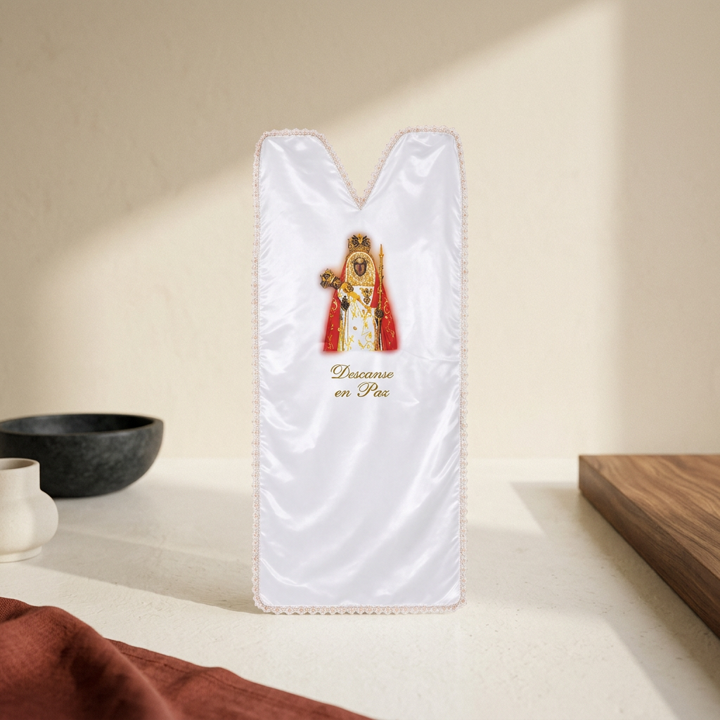 SABANA RASO ESTAMPACION COLOR # VIRGEN CANDELARIA — Vestimenta de cadáveres · Sábanas y pañuelos · Ref. 12005 | Ramón Chao