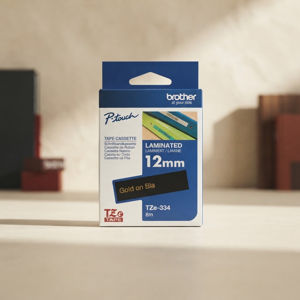 12mm Brother tape roll black background gold lettering — Print services · Placas y mini-lápidas · Ref. 2747042 | Ramón Chao