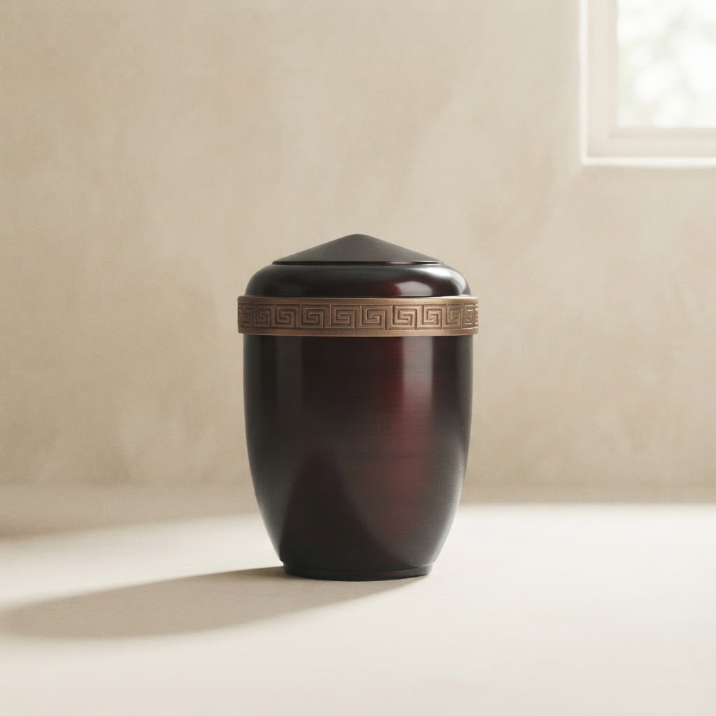 Aluminium combination urn Greek fret # Gloss burgundy — Cremation · Urnas metálicas · Ref. 349002 | Ramón Chao